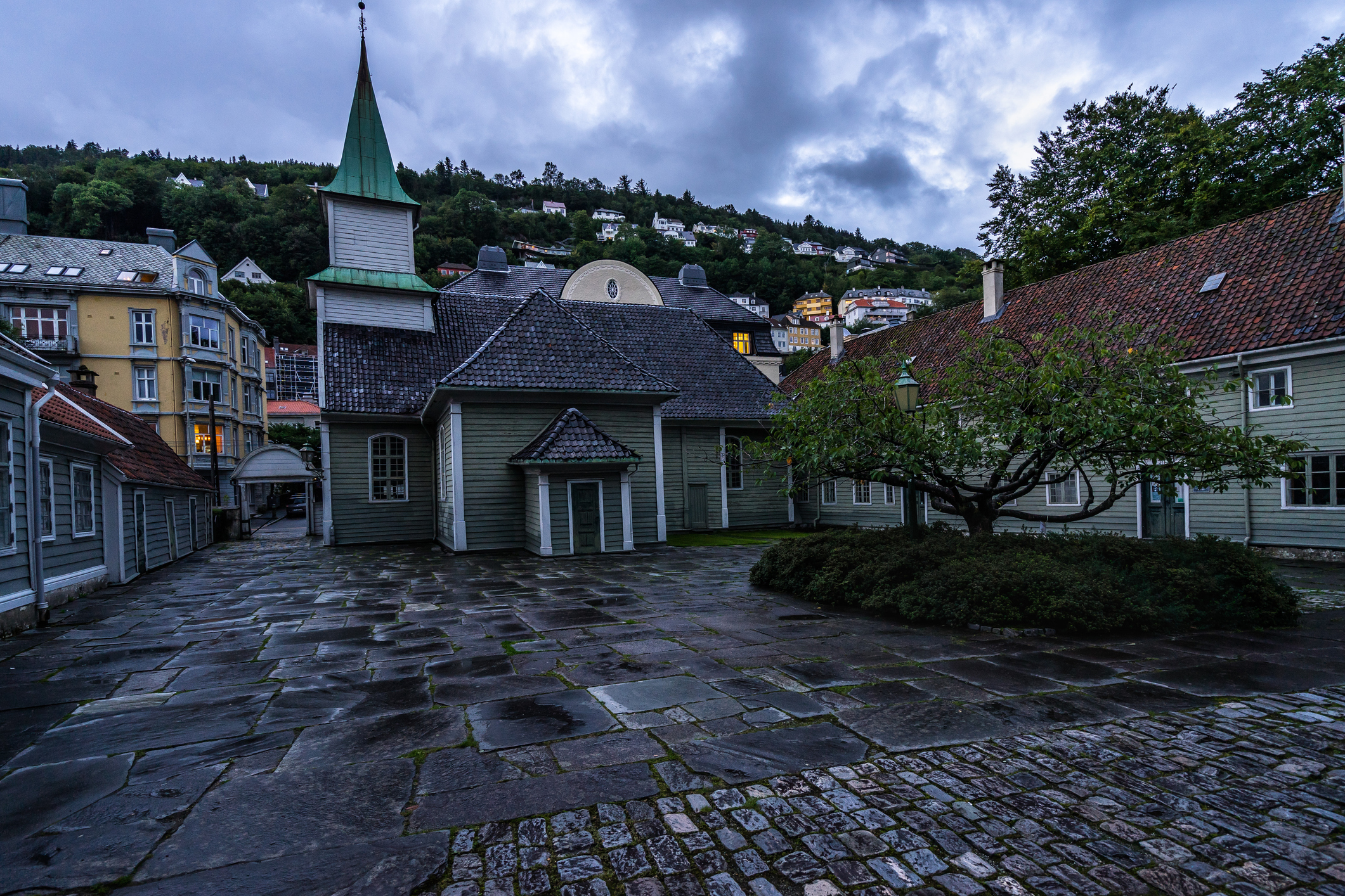 Yard of the Leprosy Museum, former St. Jorgen hospital, a typical Norwegian building in Bergen old town, Norway